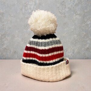 Tommy Hilfiger Striped Pom Pom Beanie Hat Cream Red Navy OS NWT